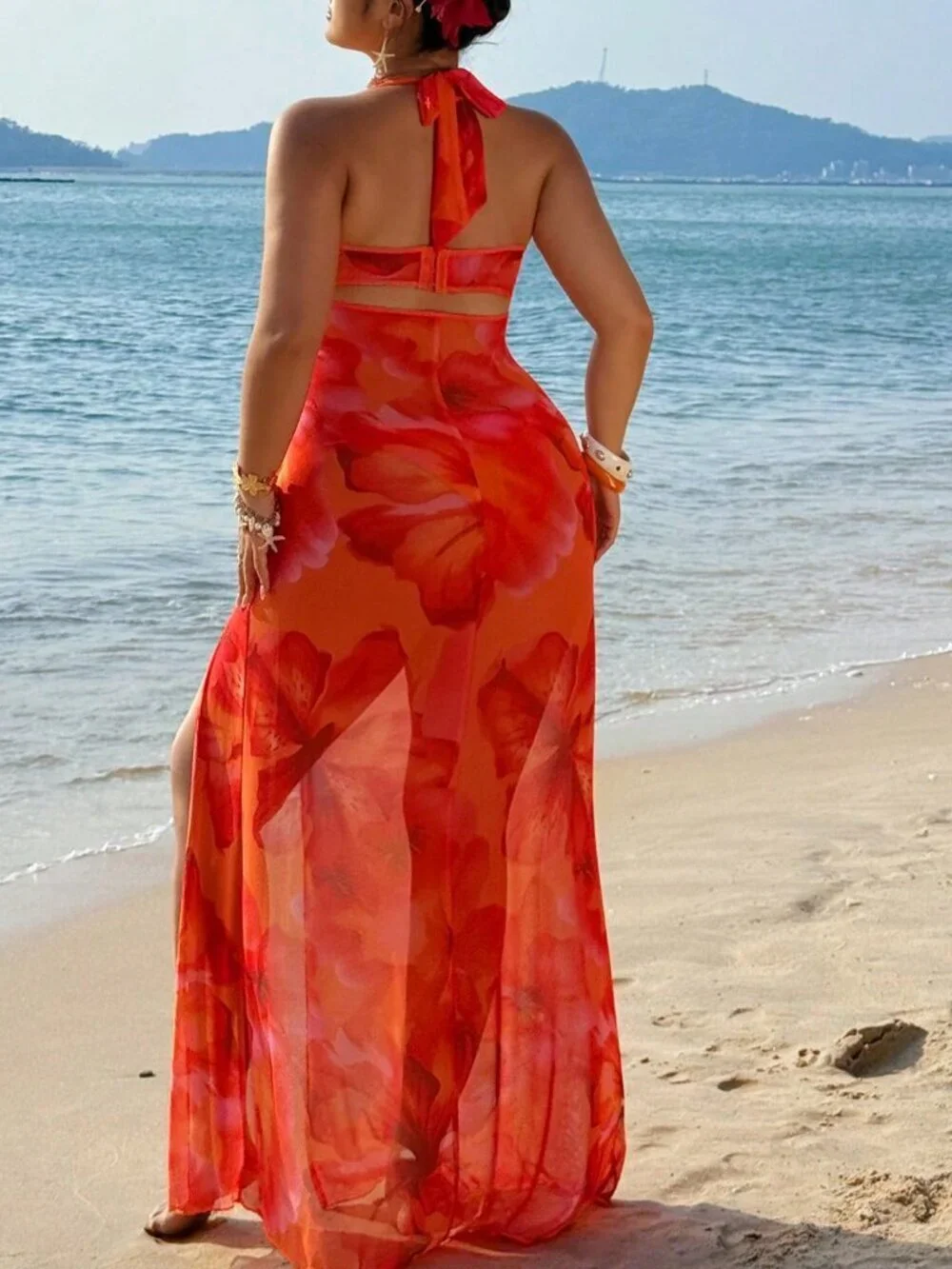Orange Boho Women's Sexy Island Beach Resort Strapless Mesh Floral Print Dress